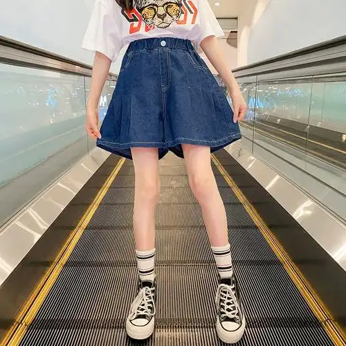 夏季阔腿牛仔短裤子百褶裙中大童儿童宽松热裤女孩休闲裙裤女童装