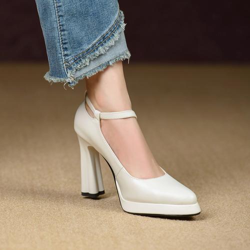 气质防水台高跟鞋2024新款真皮厚底尖头一字带粗跟浅口单鞋工作鞋