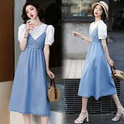 吊带连衣裙女装2021夏季裙子女新款收腰纯色牛仔chic两件套装法式