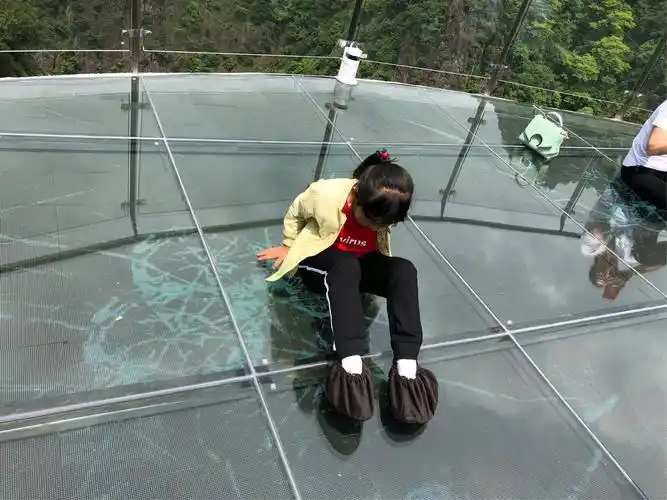 赖在玻璃栈道上不敢走了,玻璃碎裂的感觉好像没有抖音上那么的逼真和