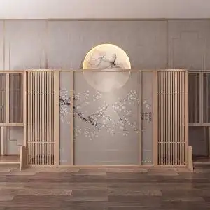 日式风格金箔古松鹤古典木板漆画折屏茶室背景中古屏风8人付款5980