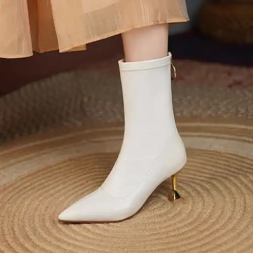 法式白色高跟短靴女尖头细跟薄款夏秋冬中筒靴弹力靴短筒瘦瘦靴子