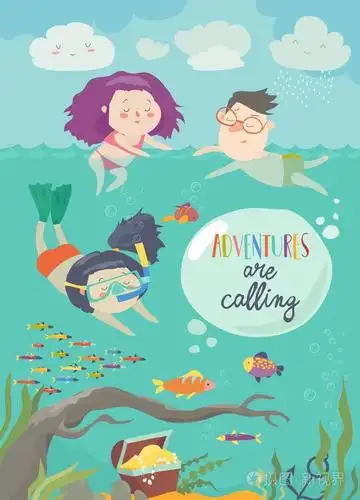 快乐的孩子们在海上游泳.女孩潜水和看鱼