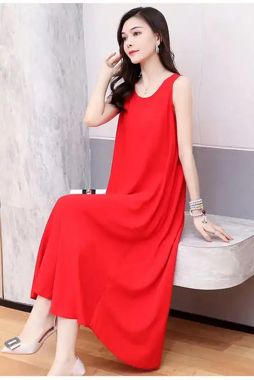 夏季绵棉绸连衣裙年轻款中老年女装外穿时尚中年妈妈夏装过膝裙子2xl