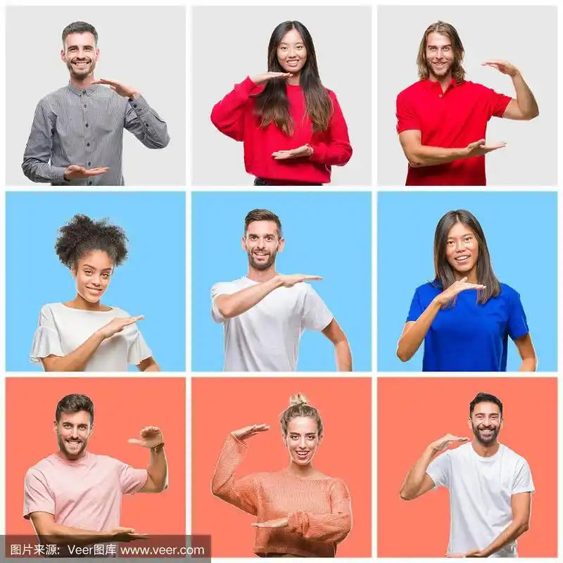 一群年轻人的拼贴画在色彩斑斓的孤立背景上,用手比划着大而大的符号