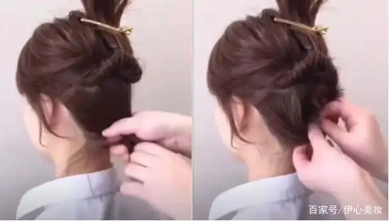 齐肩短发编发步骤如下: 1.     将头发梳成半股,然后用皮圈固定 2.