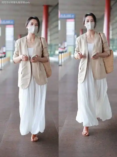 高圆圆带火了一种新"老钱"穿搭,白裙搭亚麻西装,一双笑眼很甜