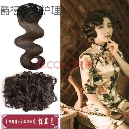 古装复古手推波纹刘海发片旗袍造型民国老上海拉花大波浪演出假发 棕