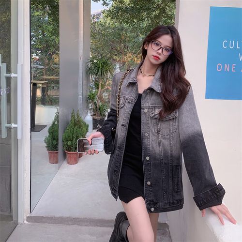涓涓细语胖妹妹大码宽松牛仔外套春秋加肥加大码休闲个性渐变水洗夹克