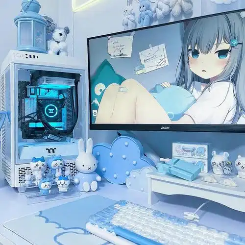 玉桂狗主题电脑房布置蓝色系桌搭清单