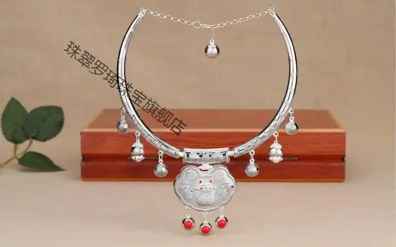 春节礼物 s999纯银长命锁项圈足银锁吊坠男女宝宝婴儿手镯线圈满月