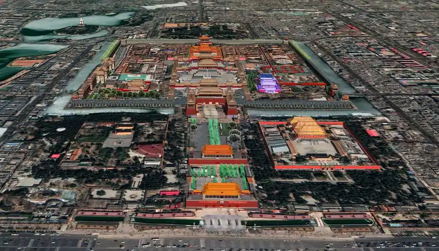 北京故宫全景3d鸟瞰,从南向北.