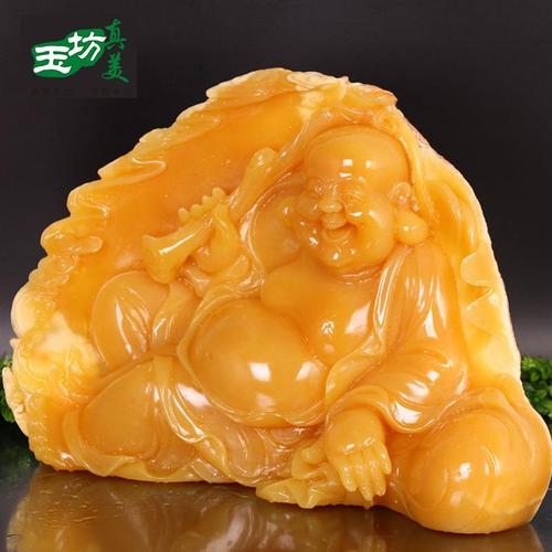 纯手工雕刻米黄玉逍遥自在弥勒佛摆件风水供奉佛像居家客厅装饰品