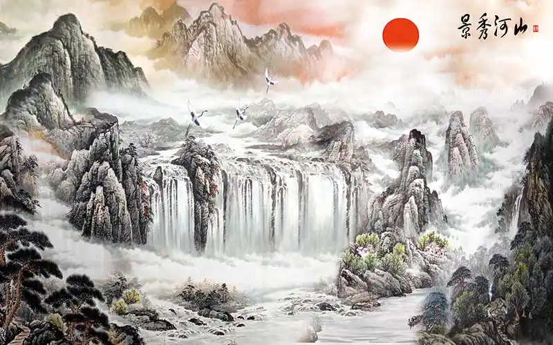 xt96262中式大气山水瀑布云海太阳仙鹤景秀河山背景墙