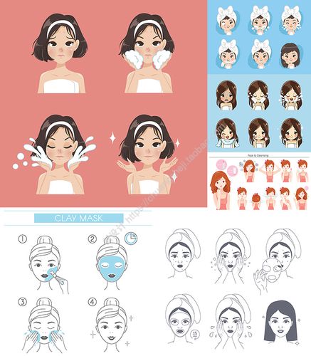 洗脸步骤 卡通女孩清洁皮肤敷面膜护肤美容 ai格式矢量设计素材