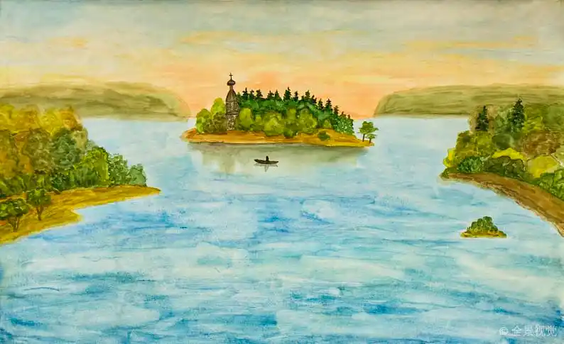 风景_教堂_岛屿_绘画_手绘_图片_水彩_俄罗斯_木质_小_高清图片_全景