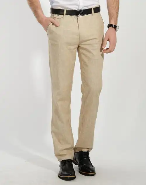 清凉透气 男士卡其色户外休闲裤 亚麻长裤