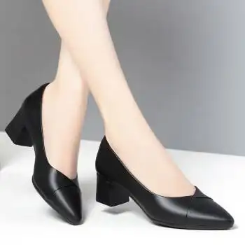 浅口皮鞋女中年妈妈鞋软底软皮舒适中跟女鞋粗跟春秋款单鞋工作鞋jm