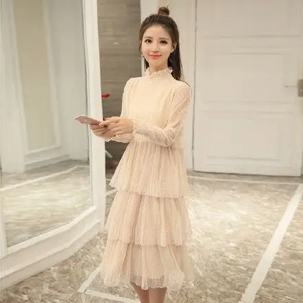 春款蕾丝裙时尚淑女蛋糕连衣裙长袖公主网纱长裙