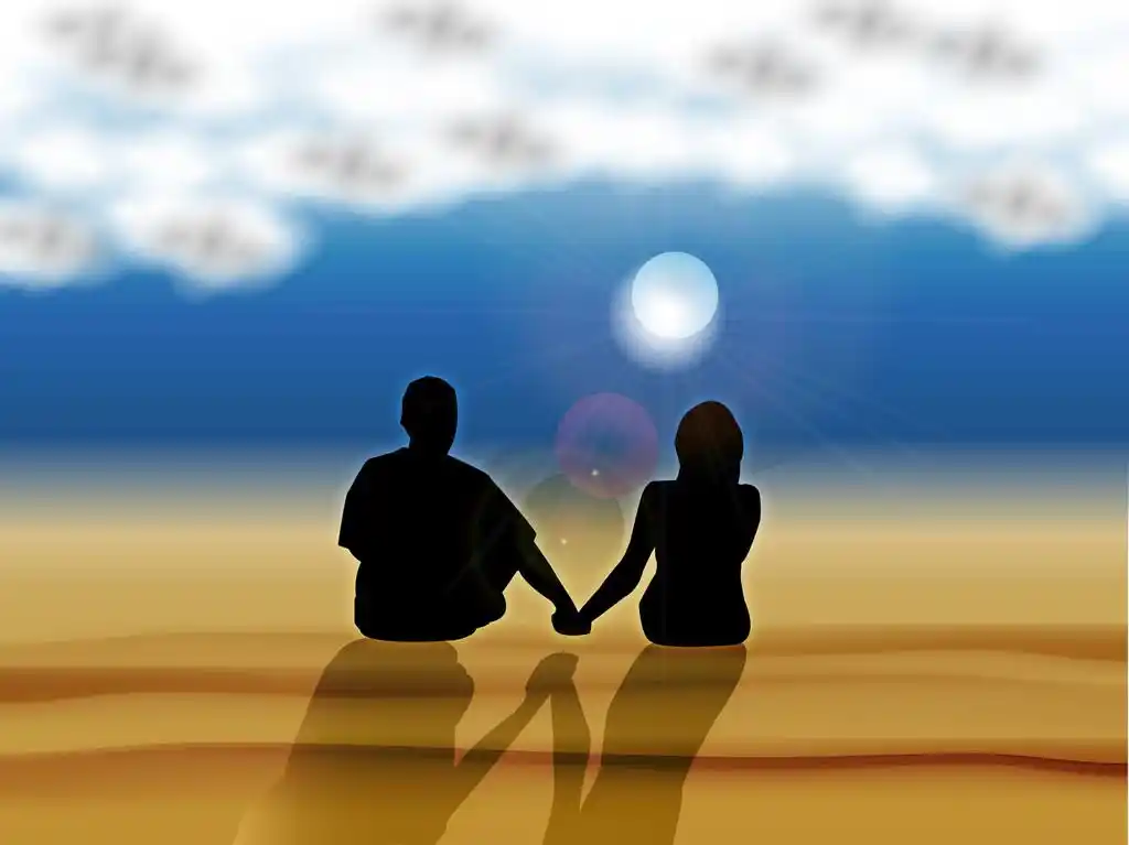 永远在一起,一对夫妇坐在沙滩上,画着矢量图.