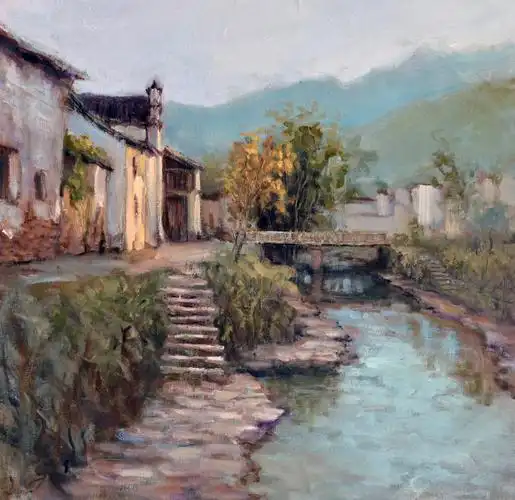 著名油画家冯振华油画作品《龙门古镇》