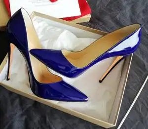 欧美风格宝蓝色漆皮尖头细跟高跟鞋性感浅口软皮女单鞋10cm网红