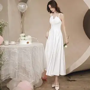 吊带晚礼服平时可穿宴会气质缎面白色伴娘服生日party连衣裙长款