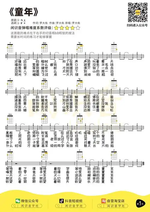 童年尤克里里谱1-罗大佑-f调指法