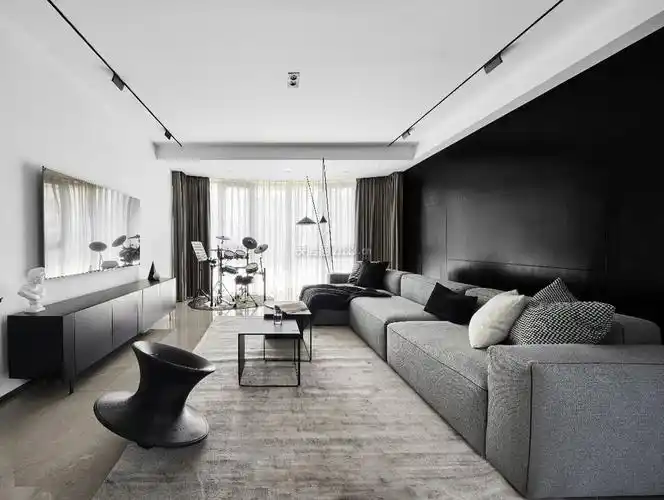 黑白简约风格客厅全景装修效果图