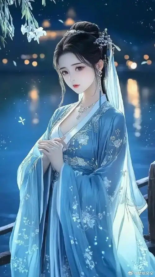 幽蓝圆月下古风美人壁纸