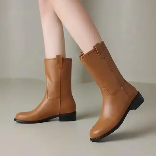 通用时装2023新款靴圆头骑士靴四季真皮米白色平底中筒靴女秋冬季