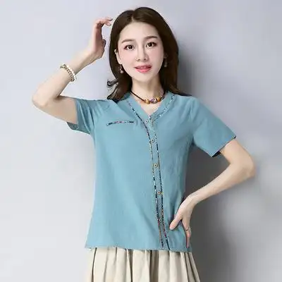 女士棉麻短袖t恤女宽松上衣女纯棉夏装2020新款韩版ins潮亚麻体恤