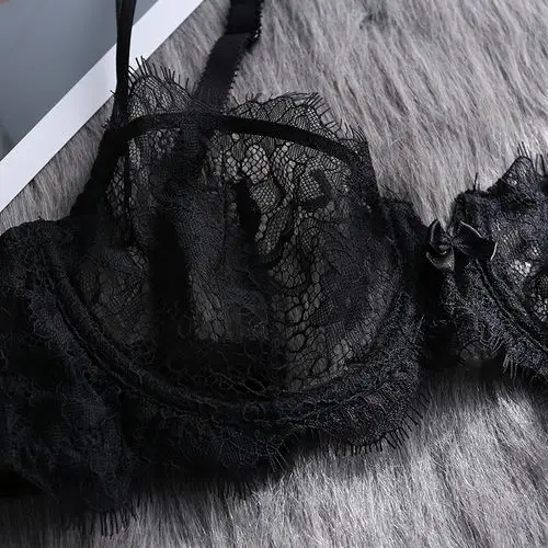 性感内衣女薄款 夏 蕾丝文胸套装聚拢超薄透明情趣睫毛边黑色胸罩