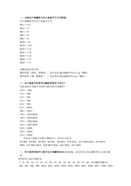 扳手和螺母对照表(参考资料)