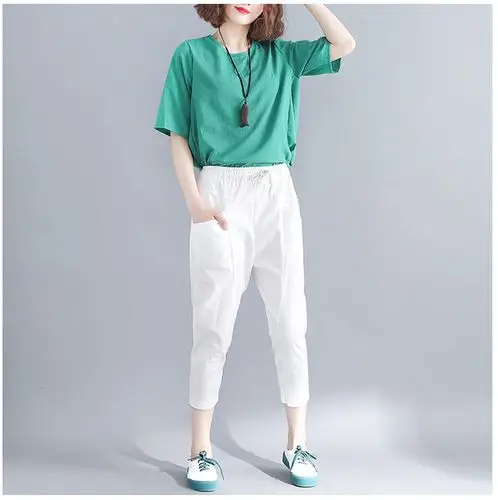 实拍2020新品夏装新款加肥加大文艺松紧腰抽绳棉麻休闲裤七分女裤