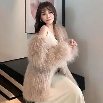 新款貉子毛编织皮草外套女中长款毛毛大衣时尚年轻款豆沙色s8595斤