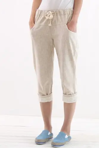 森林系 棉麻文艺卷边松紧腰七分裤