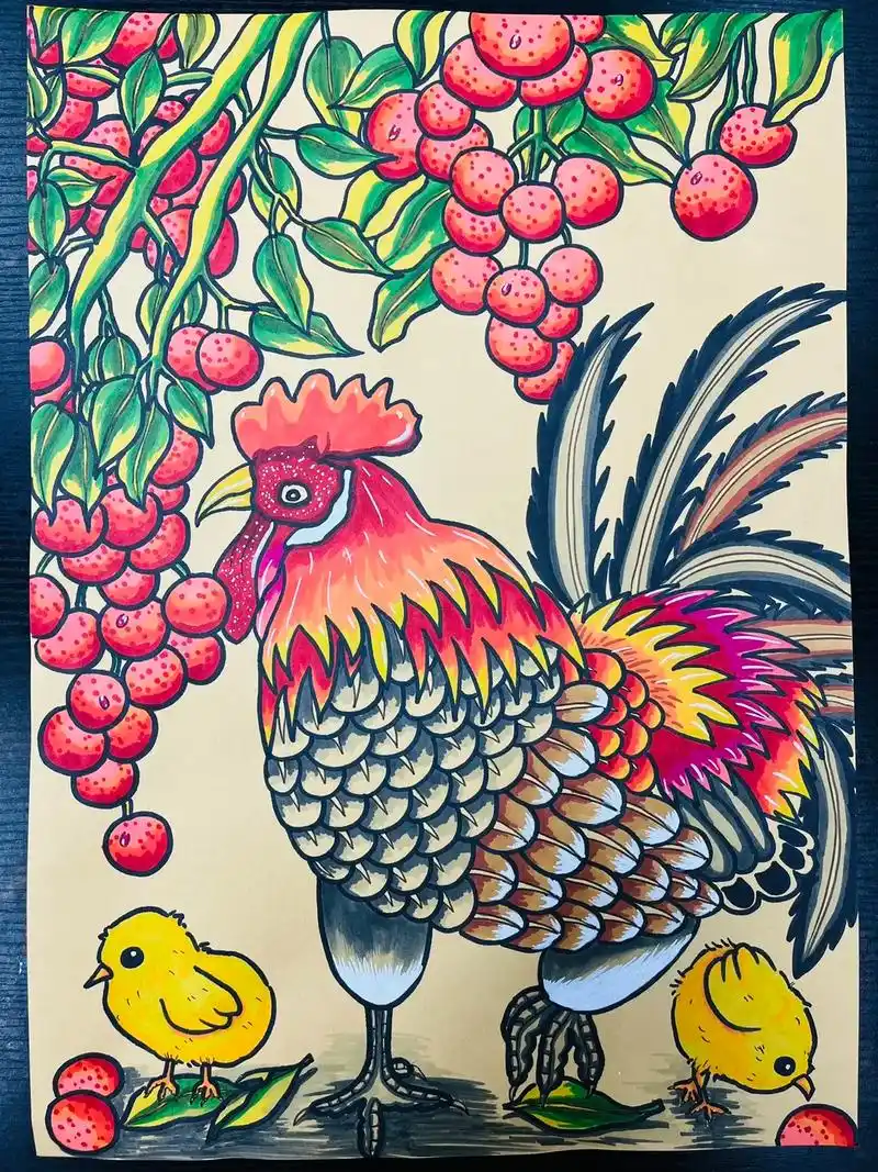 线描绘画《荔枝树下的公鸡》步骤图
