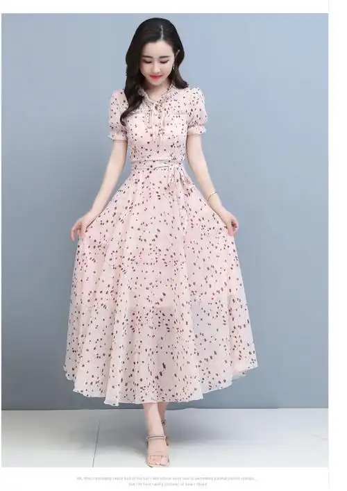 个子长款碎花连衣裙装女士新款雪纺超仙收腰沙滩大摆超长裙气质蓝色m