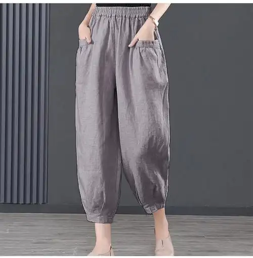 11个色夏冰棉麻九分裤女士裤子松紧高腰灯笼裤垂坠感宽松哈伦裤 - 17