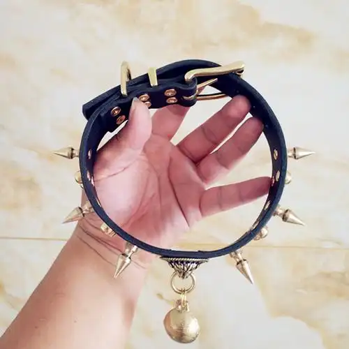 牛皮狗项圈黄铜刺钉防咬纯手工定做狮头铃铛法斗恶霸金毛拉布拉多