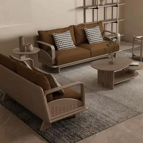 皇太家具 实木沙发组合客厅u型123侘寂风成套家具木质白蜡木雕花