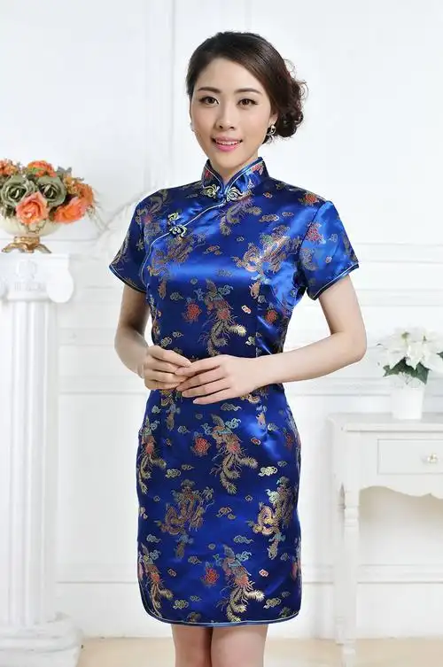 龙凤短旗袍 女士唐装夏装礼服斜襟短袖织锦缎演出服旗袍裙