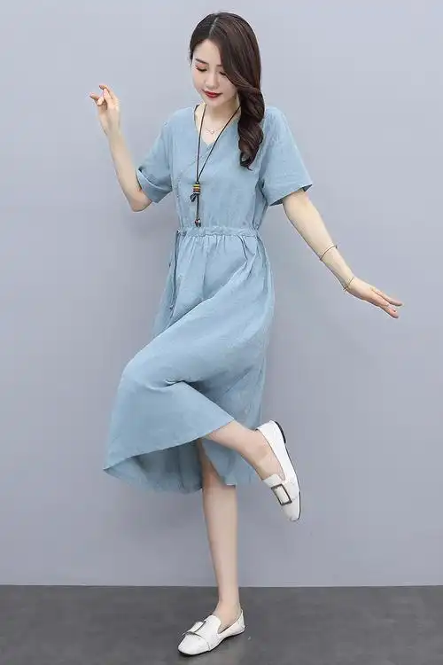 2021夏季新款棉麻文艺百搭连衣裙,女装连衣裙,火火