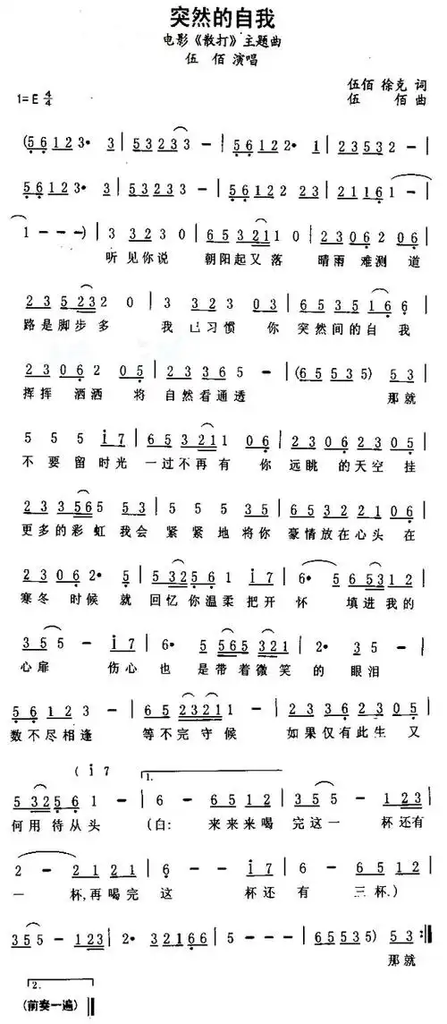《突然的自我》(伍佰演唱) 歌曲简谱简介《突然的自我》(伍佰演唱)
