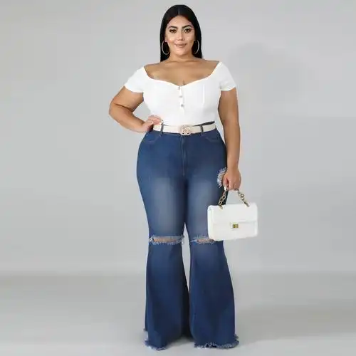 跨境hsf2108欧美性感时尚膝盖破洞弹力修身牛仔 大码胖mm喇叭裤