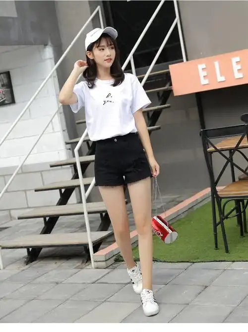 mtiny白色超短裤女夏新款牛仔裤百搭高腰a字韩版破洞宽松显瘦学生