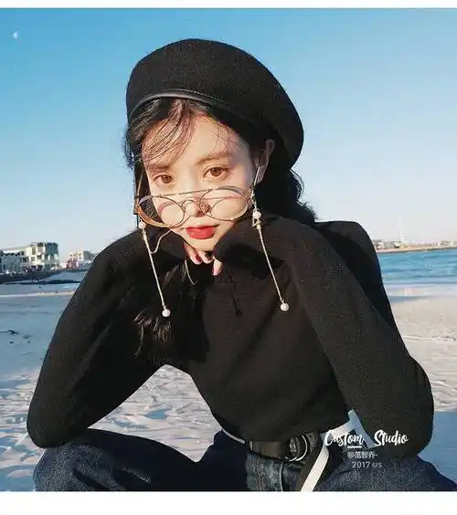 网红同款金丝边眼镜复古文艺大圆金属厚框平光镜带链条珍珠近视女 金