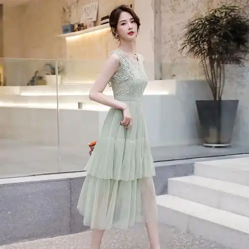 蕾丝连衣裙2021新款夏很仙法国小众法式复古高腰网纱过膝智熏裙