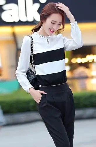 秋装新款韩版女装时尚条纹雪纺上衣 宽松显瘦长裤两件连体套装